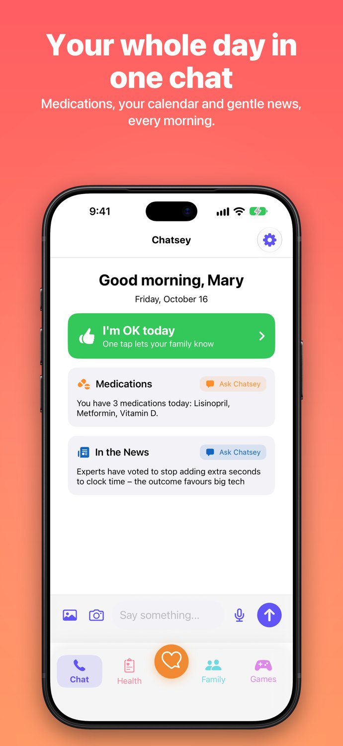 Chatsey Care Today screen with medications and news